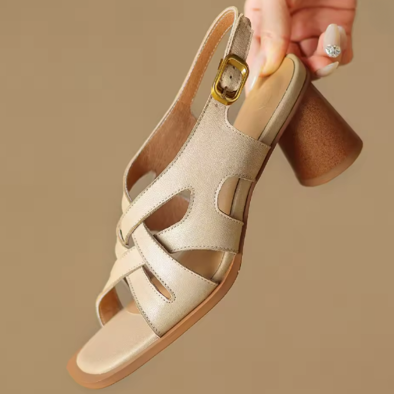 Sandale à Talon Rond en Cuir Véritable