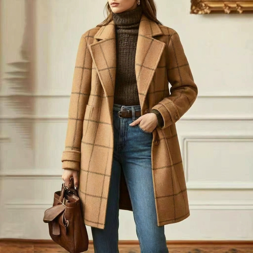 Manteau à Carreaux en Laine Mélangée