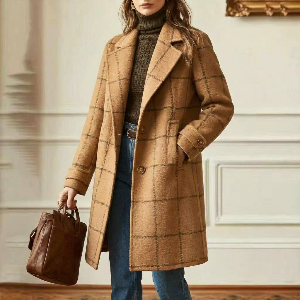 Manteau à Carreaux en Laine Mélangée