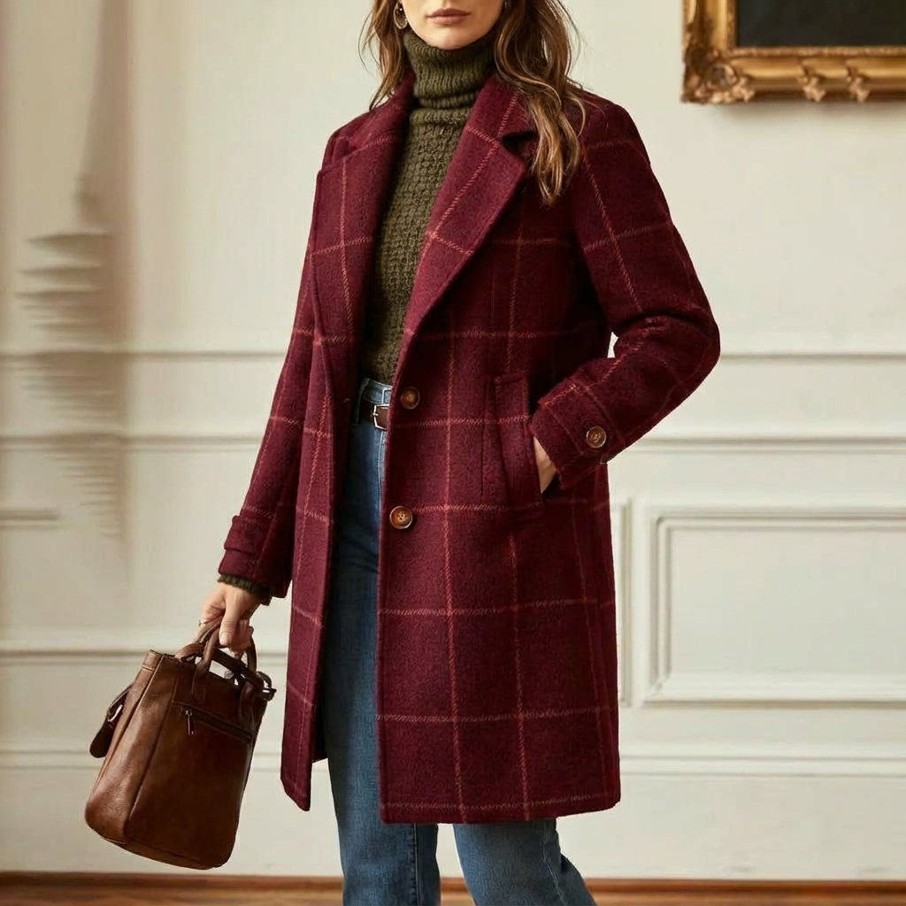 Manteau à Carreaux en Laine Mélangée