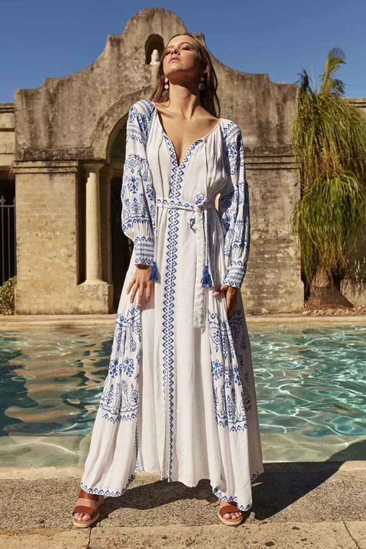 Langes böhmisches Kleid in Blau und Weiß – Célian