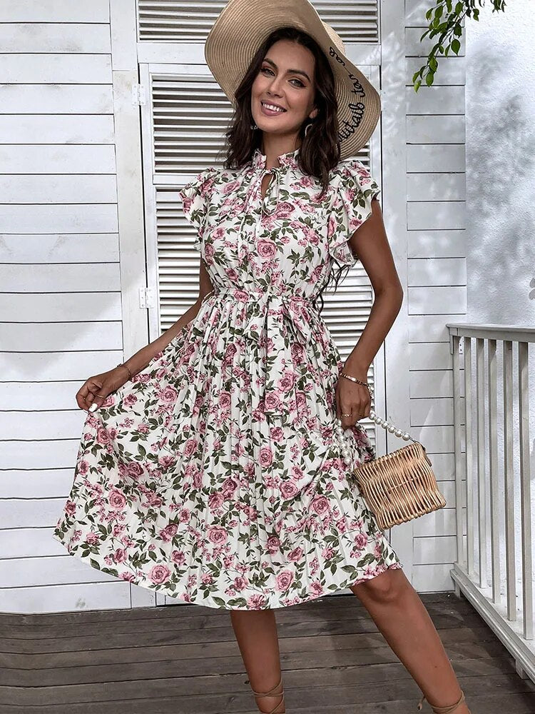 Kurzärmliges, plissiertes mittellanges Bohemian-Kleid von Tilla für Damen