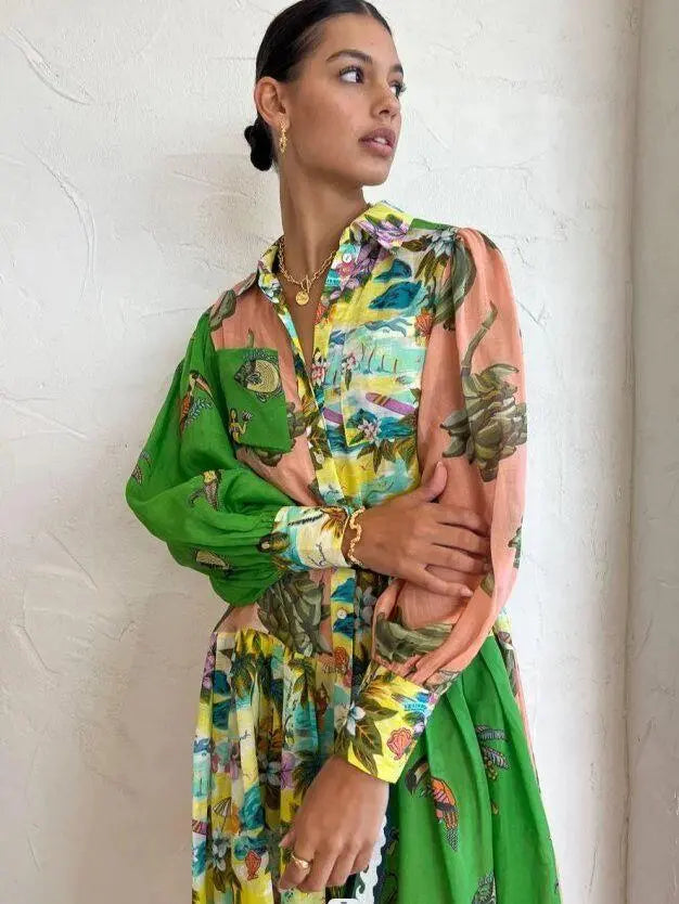 Robe longue vintage imprimé à col polo pour femme