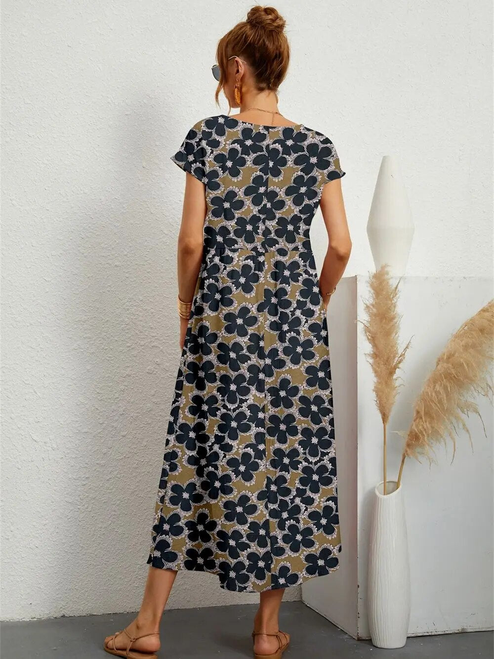 Sparoo Damen Bohemian-Kleid mit kurzen Ärmeln und Rundhalsausschnitt