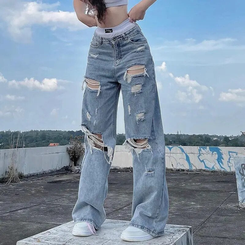 Zerrissene Jeans mit weitem Bein für Damen Feario