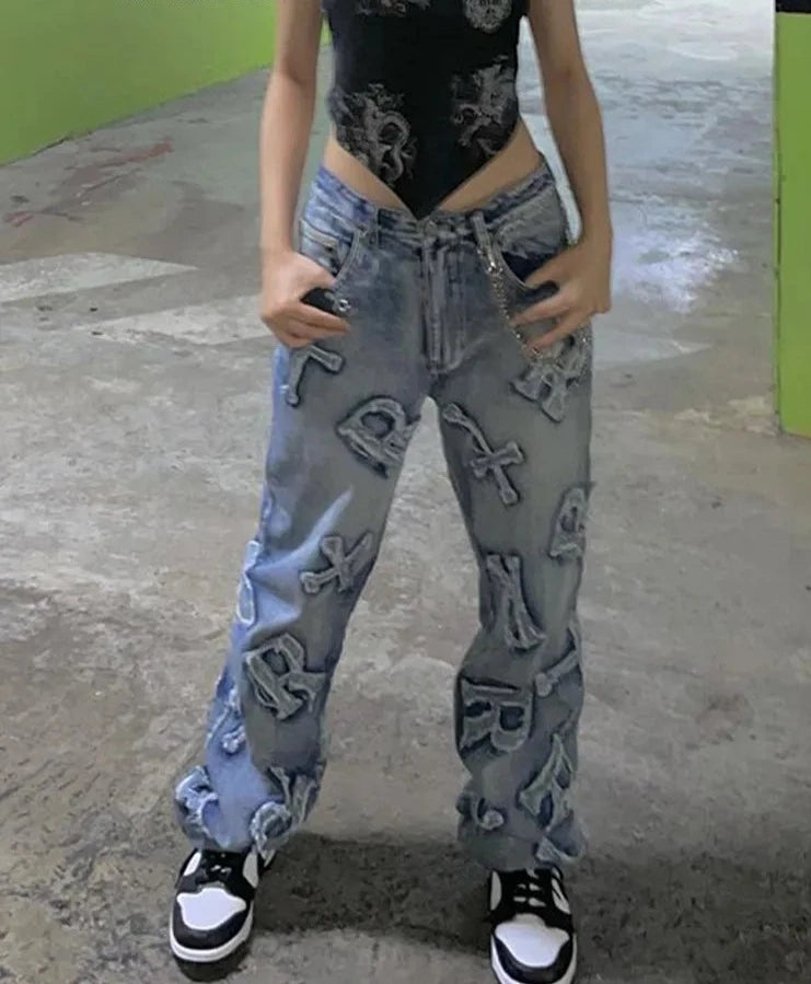 Yadoo Damen-Patchwork-Jeans