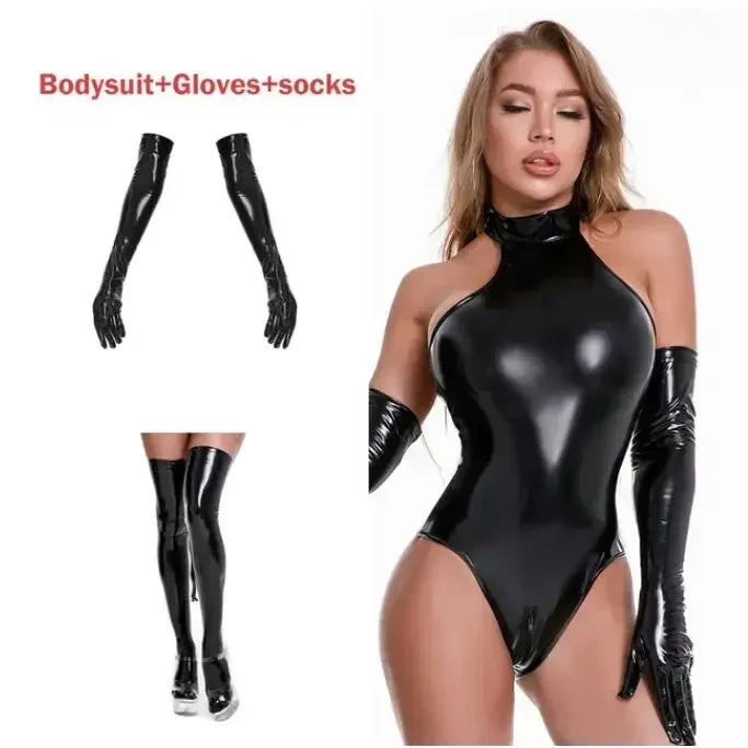 Robe libertine - Catsuit en cuir PU brillant avec zip et ouvertures