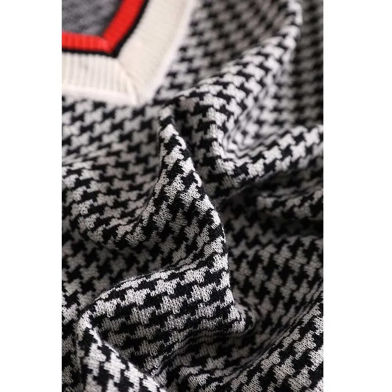 Hahnentritt-Pullover mit V-Ausschnitt für Damen