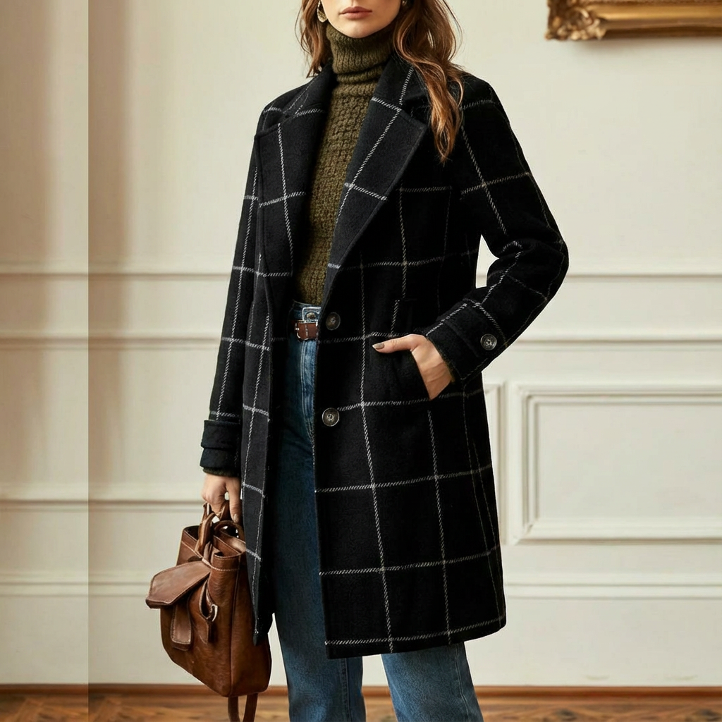 Manteau à Carreaux en Laine Mélangée