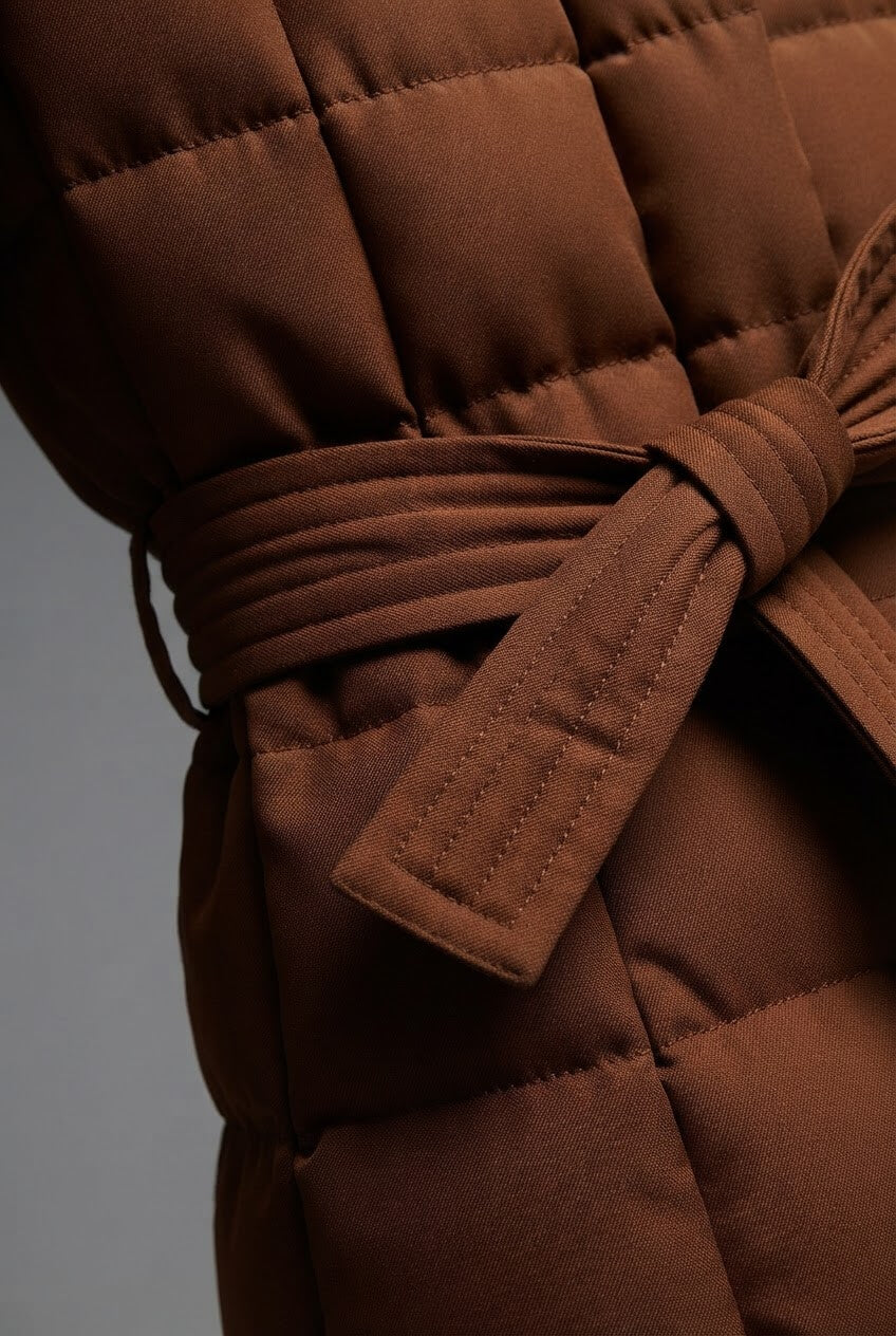 Doudoune Longue Femme à Capuche | Ceinture Nouée