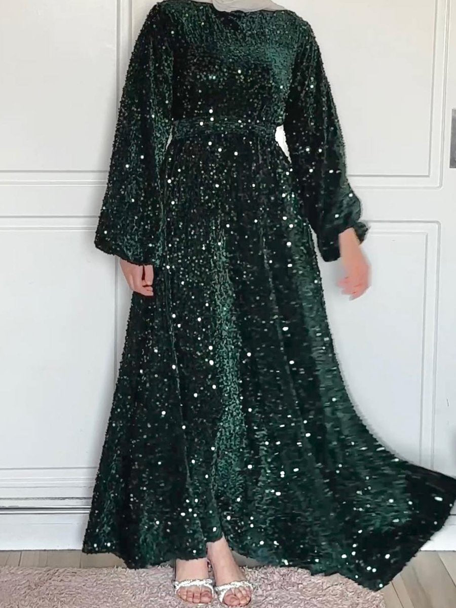 Natash – Langärmliges Abendkleid mit Pailletten und Rundhalsausschnitt