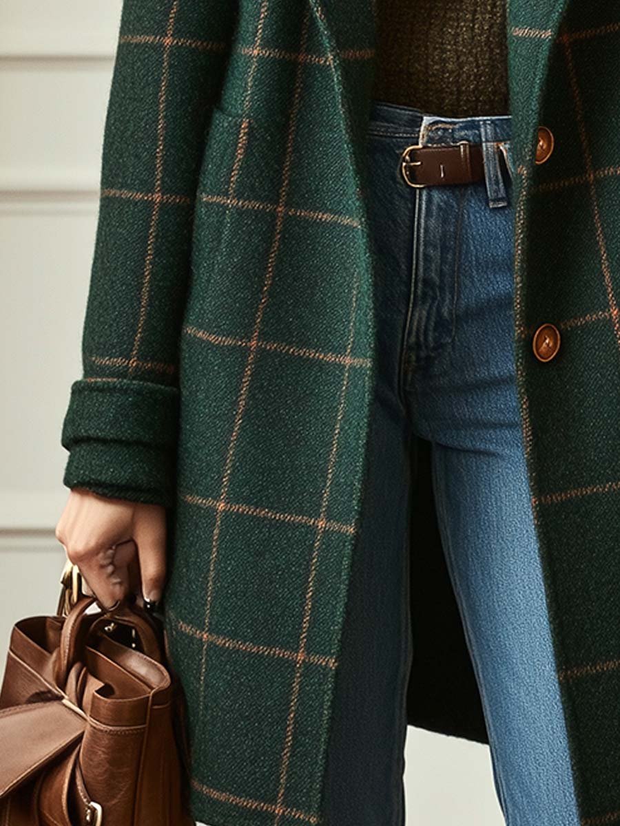 Manteau à Carreaux en Laine Mélangée