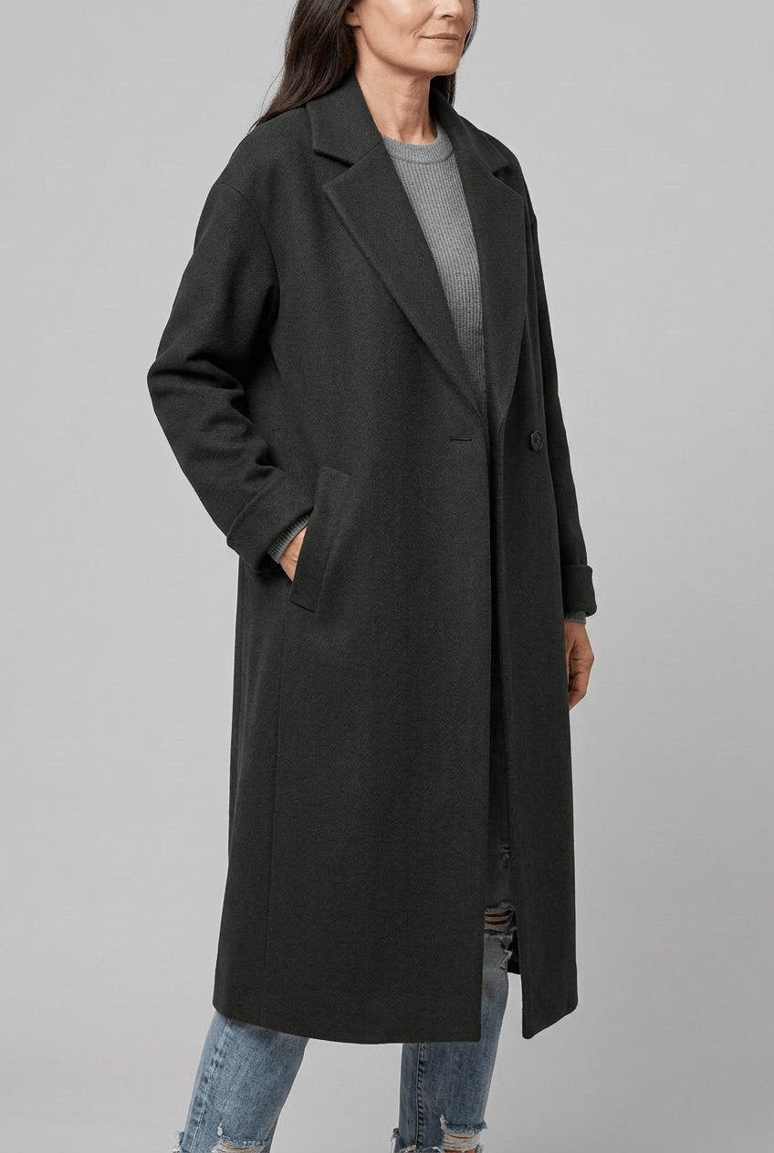 Manteau Long Femme Cintré | Col Cranté Boutonné