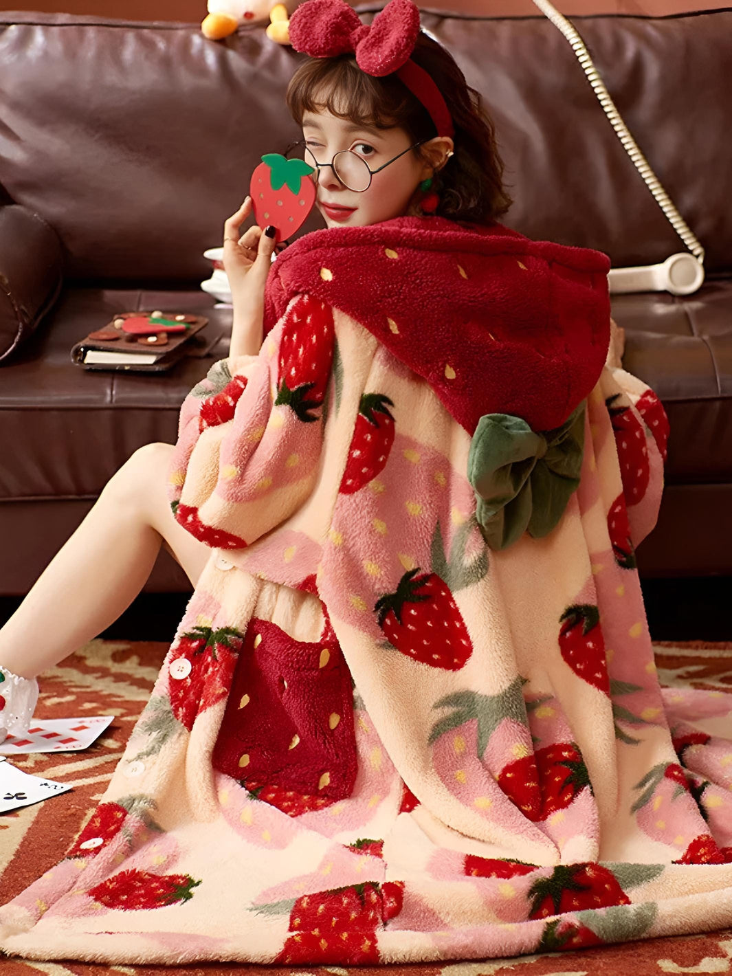 Women's Fleece Bathrobe with Strawberry Pattern