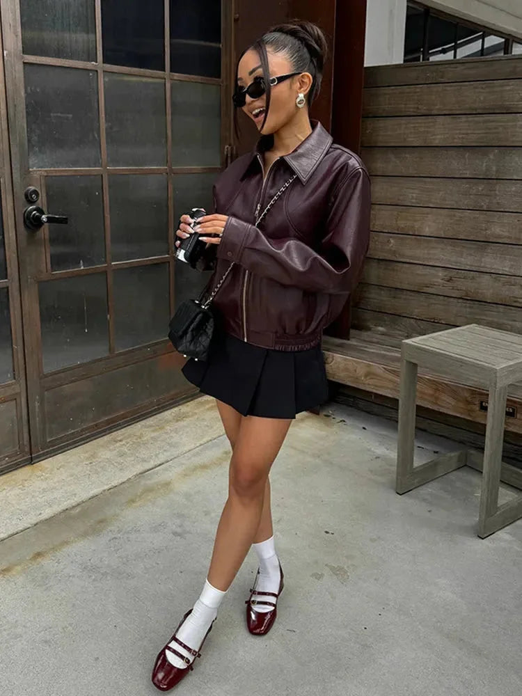 Veste bomber femme bordeaux en simili cuir élégant