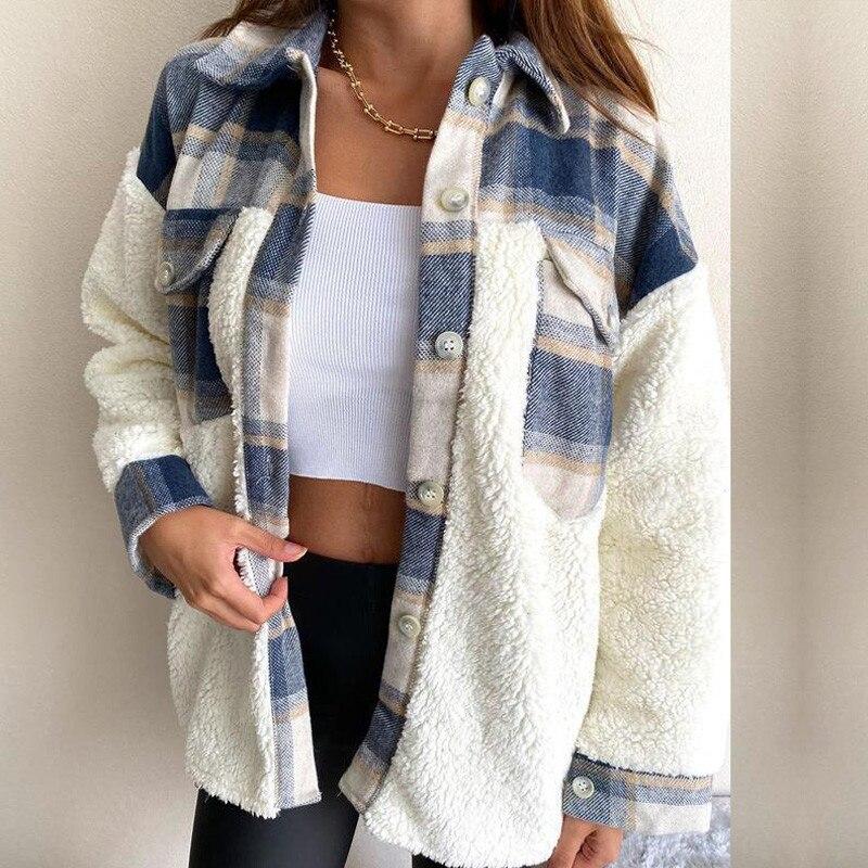 MODACHIC - Veste en laine d'agneau à carreaux - Bleu
