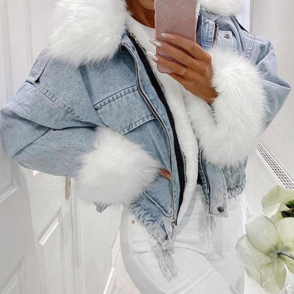 MODACHIC - Veste en jean à bordure en fourrure - Bleu