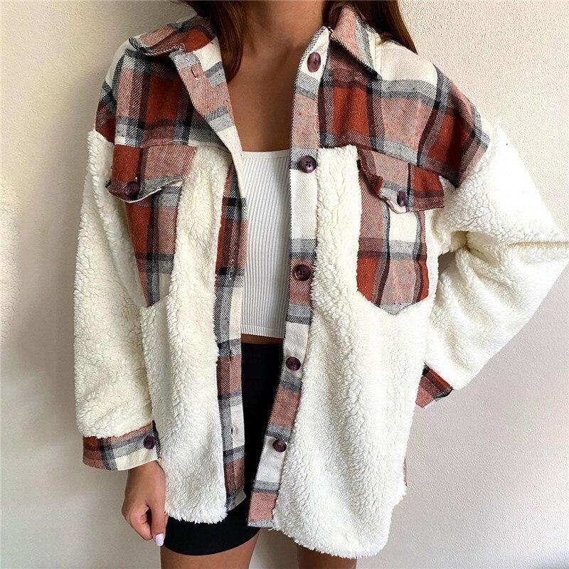 MODACHIC - Veste en laine d'agneau à carreaux - Marron