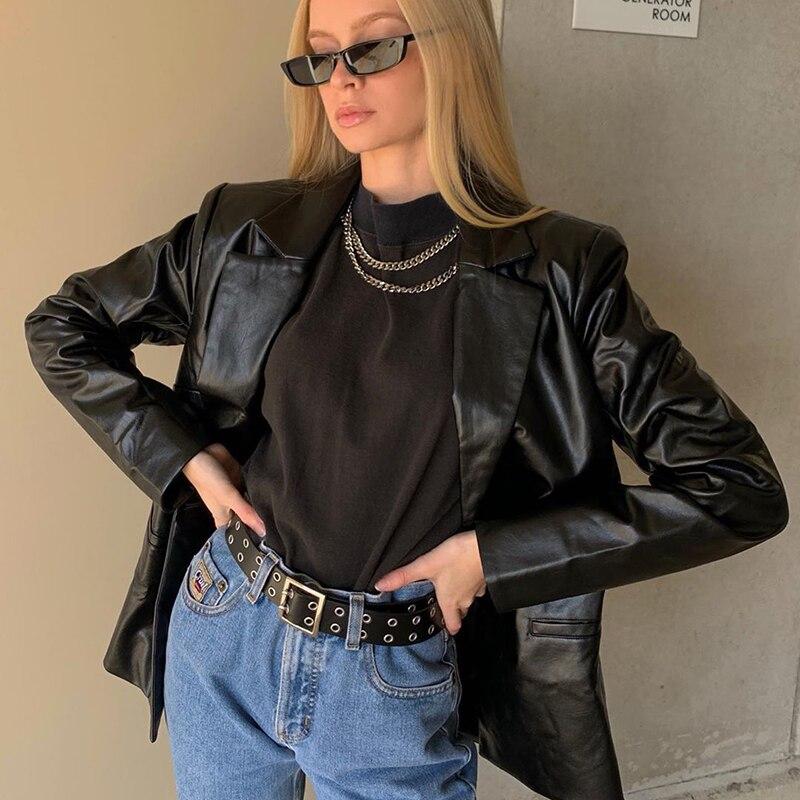 MODACHIC - Blazer décontracté en cuir PU - Noir