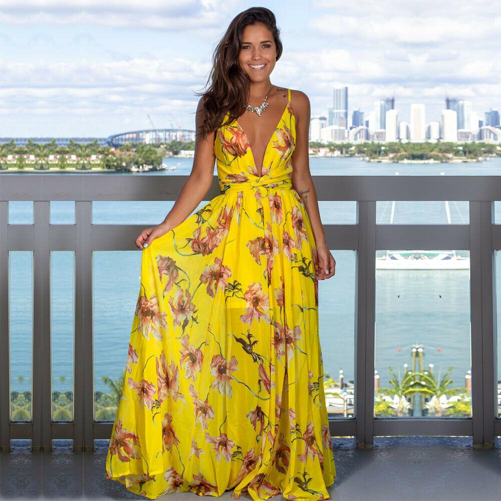 Robe d'été longue fleurie - Jaune