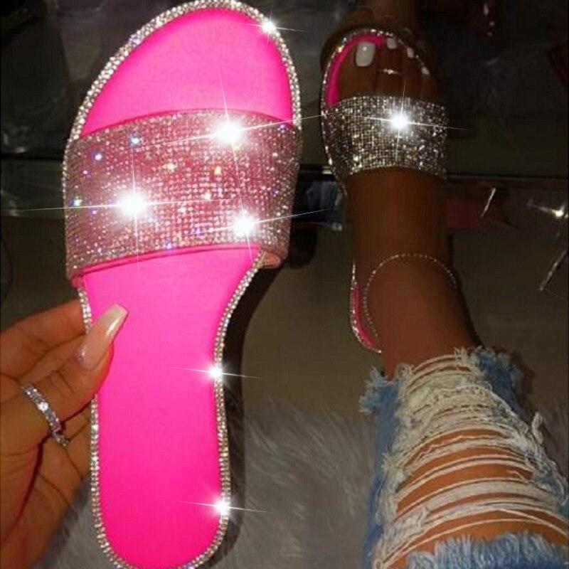 Sandales d'été plates avec diamants - Rose