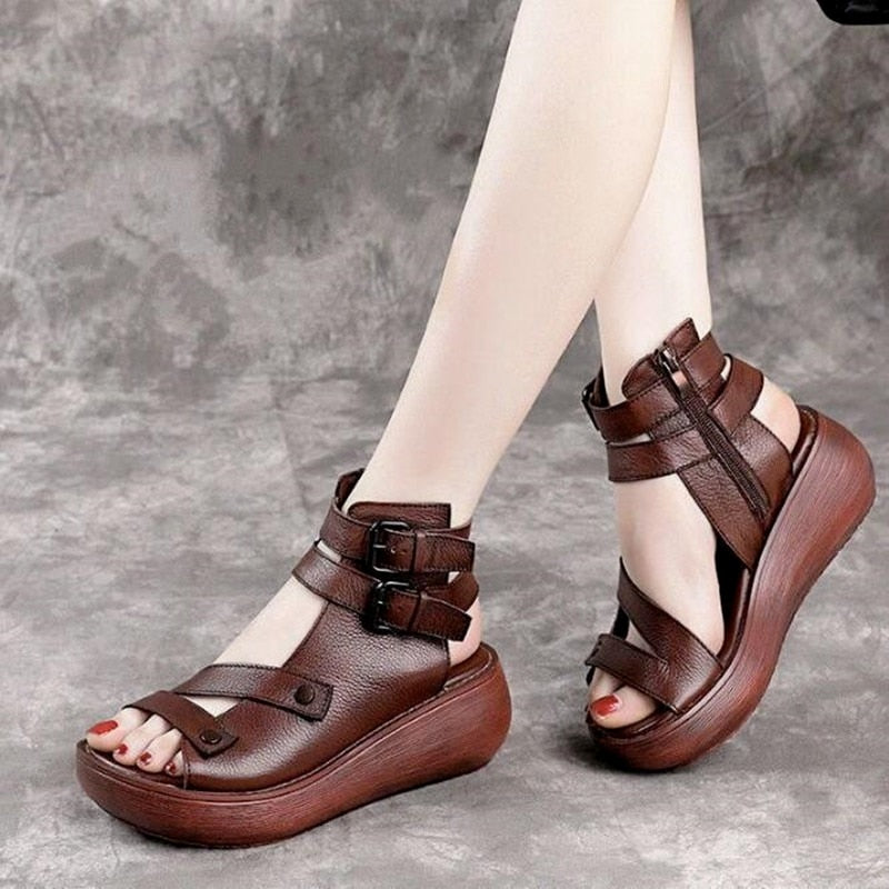 Vintage-Sommersandalen aus Leder für Damen – flach