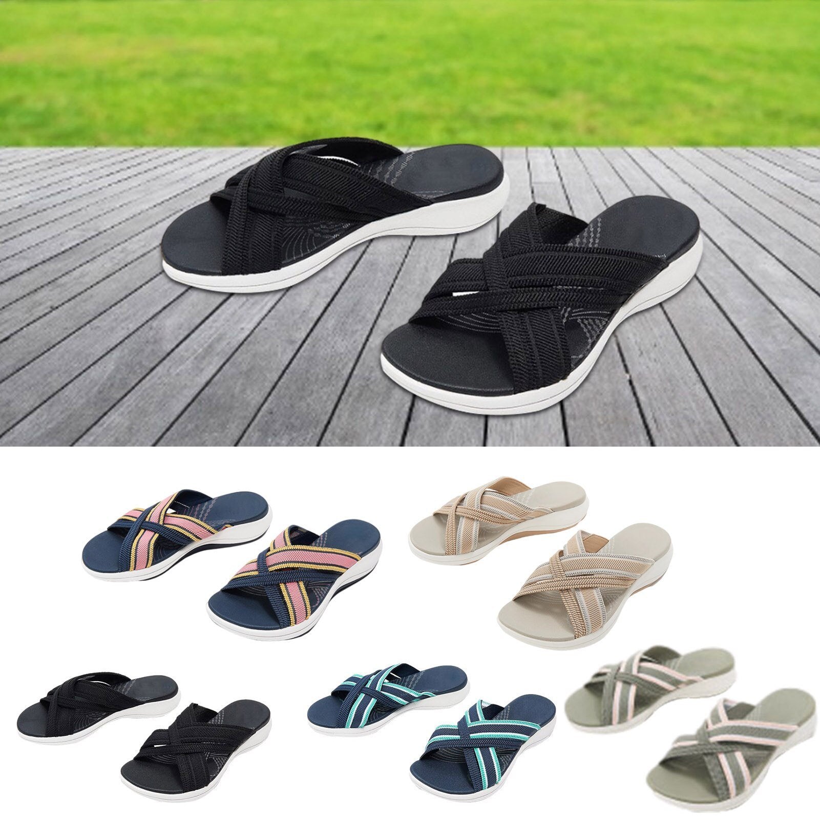 Sandales orthopédiques élastiques croisées.