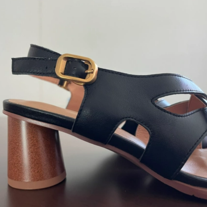 Sandale à Talon Rond en Cuir Véritable