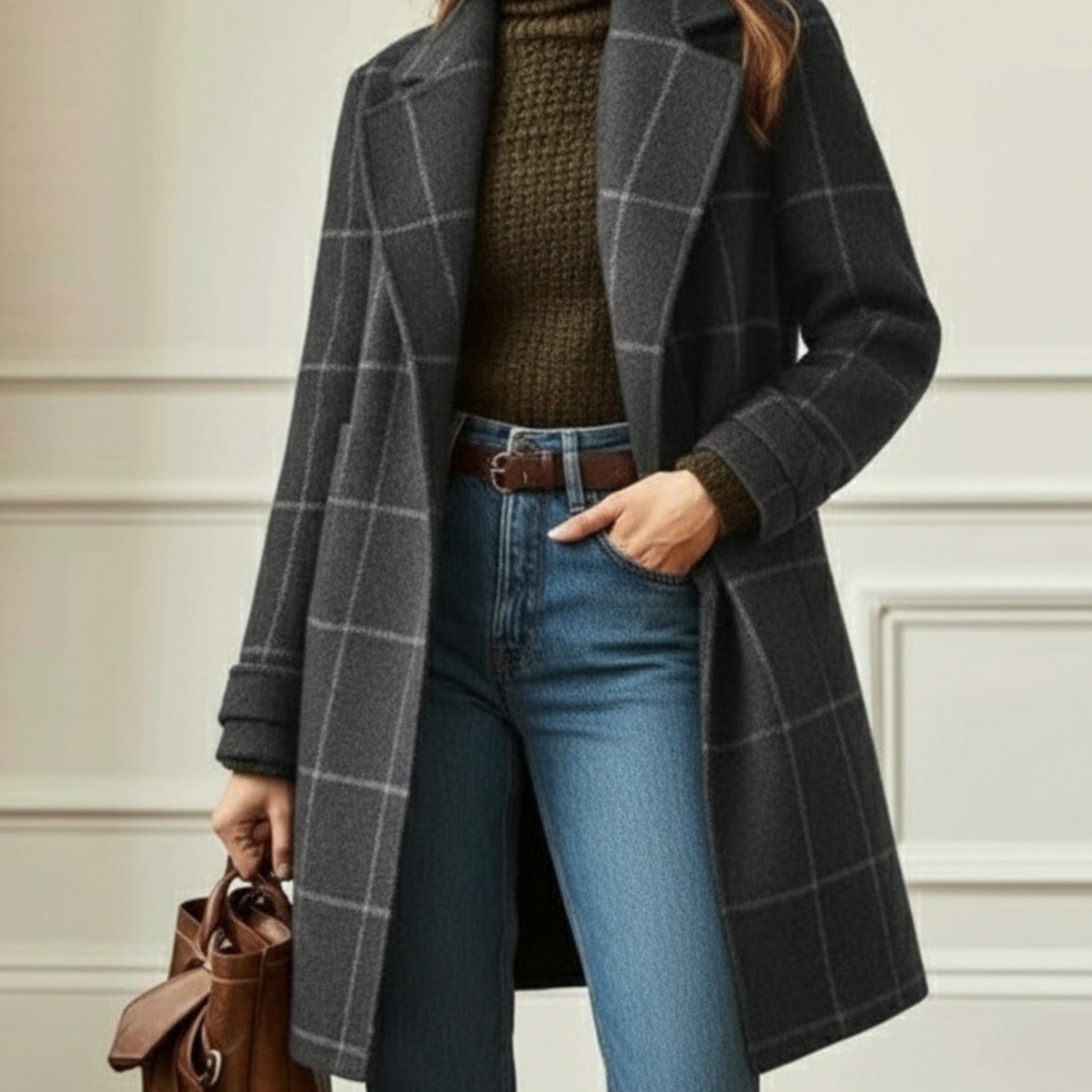 Manteau à Carreaux en Laine Mélangée
