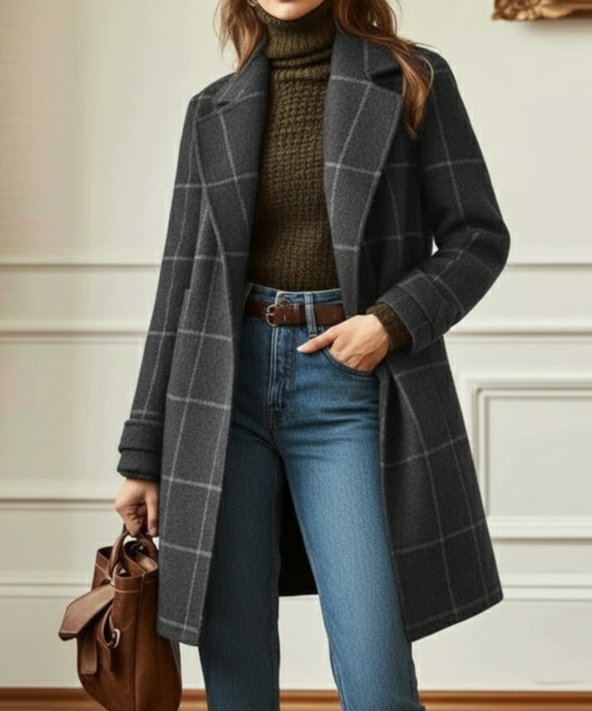Manteau à Carreaux en Laine Mélangée
