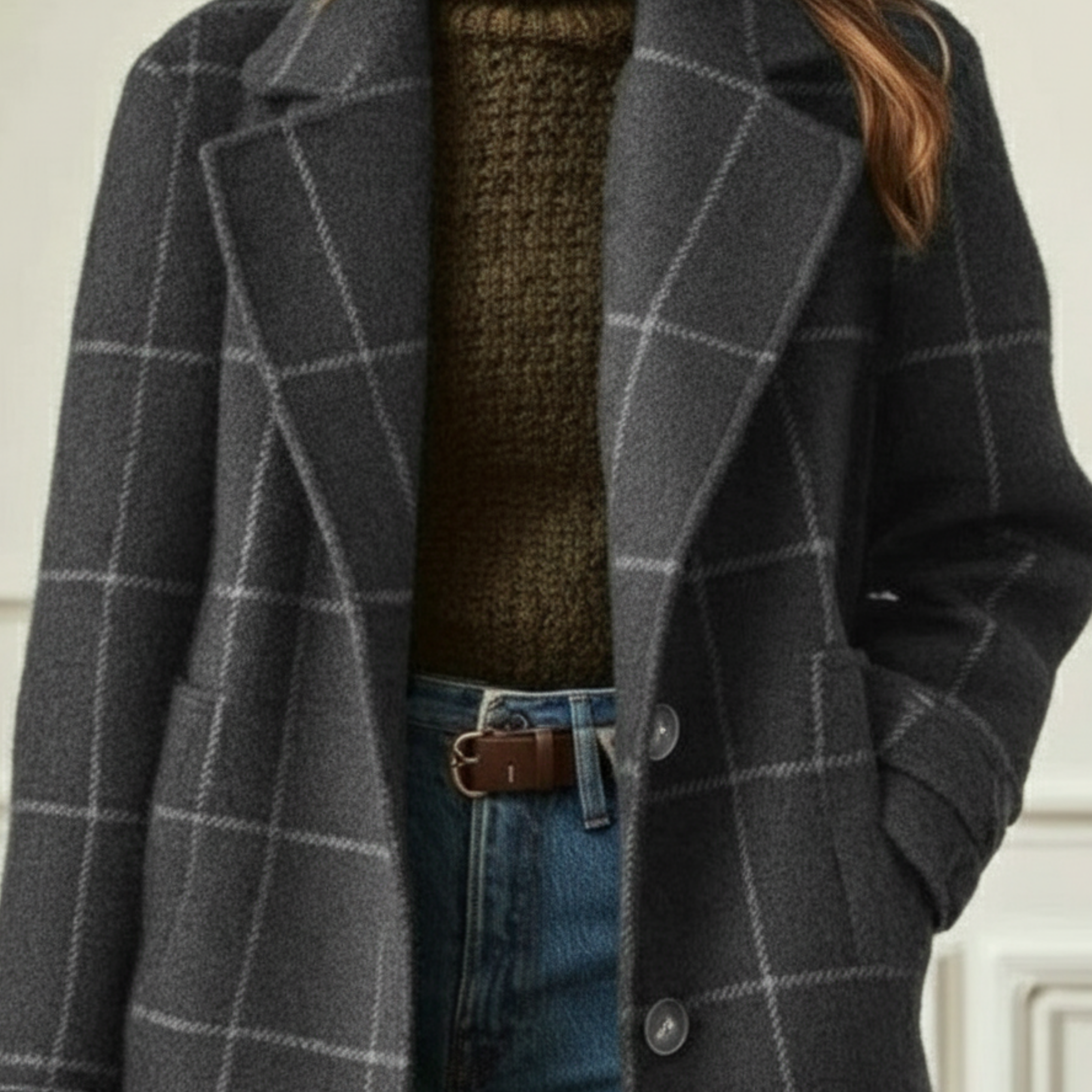 Manteau à Carreaux en Laine Mélangée
