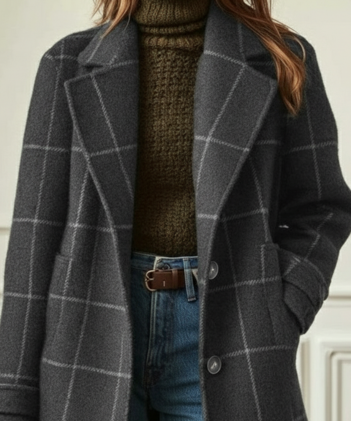 Manteau à Carreaux en Laine Mélangée