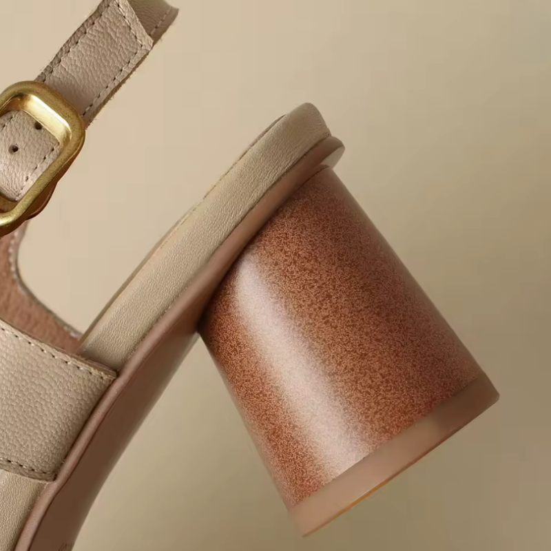 Sandale à Talon Rond en Cuir Véritable