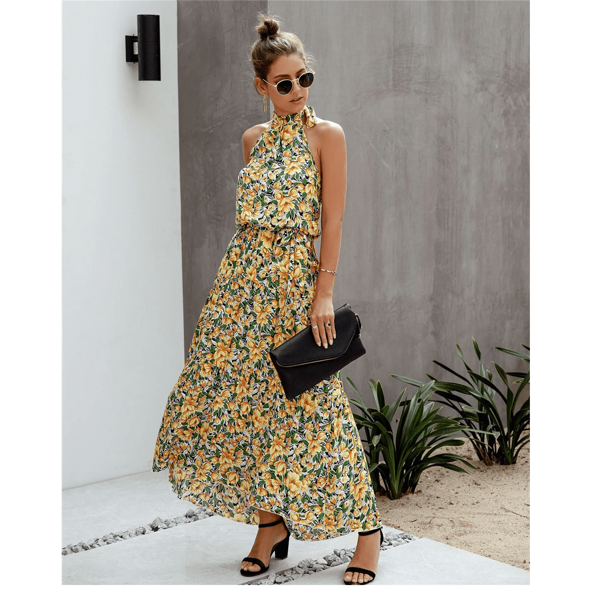 Böhmisches Kleid Blumen Gelb Grün