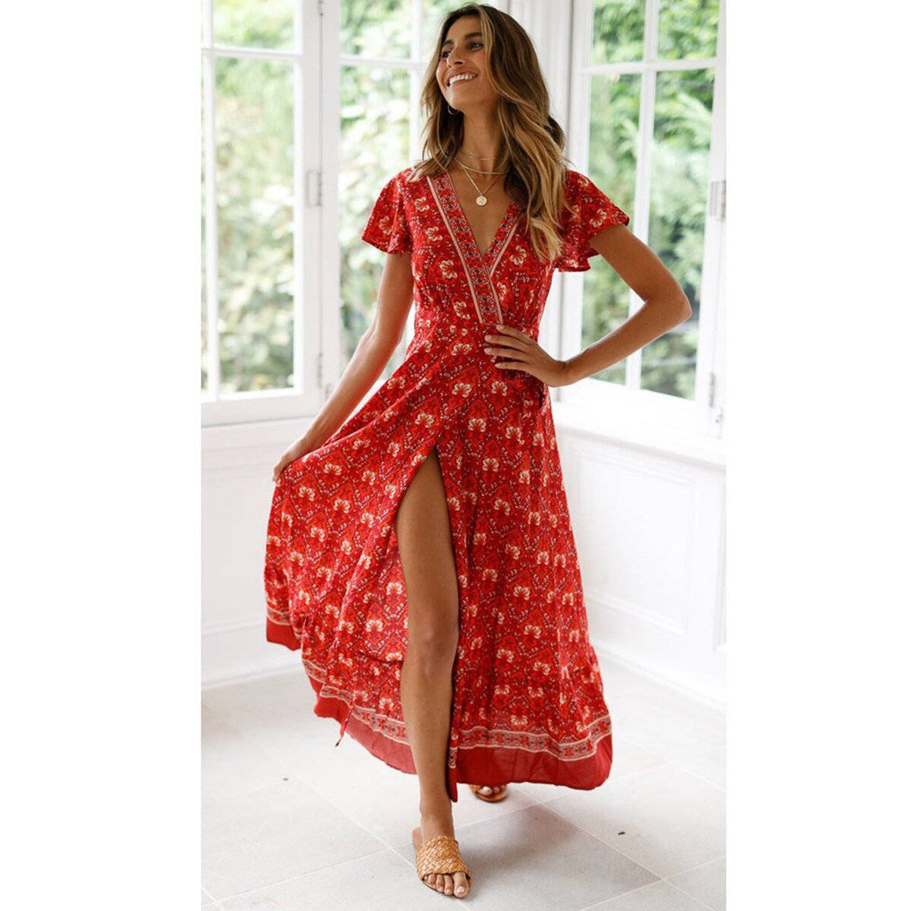 Böhmisches rotes Wickelkleid mit Schlitz