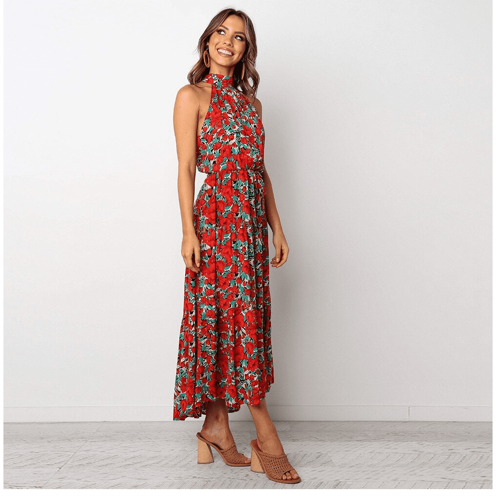 Rot-grünes böhmisches langes Trägerkleid