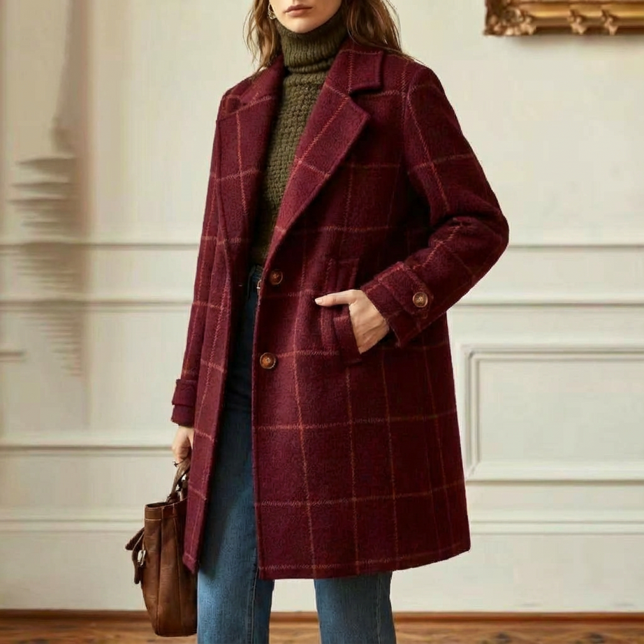 Manteau à Carreaux en Laine Mélangée