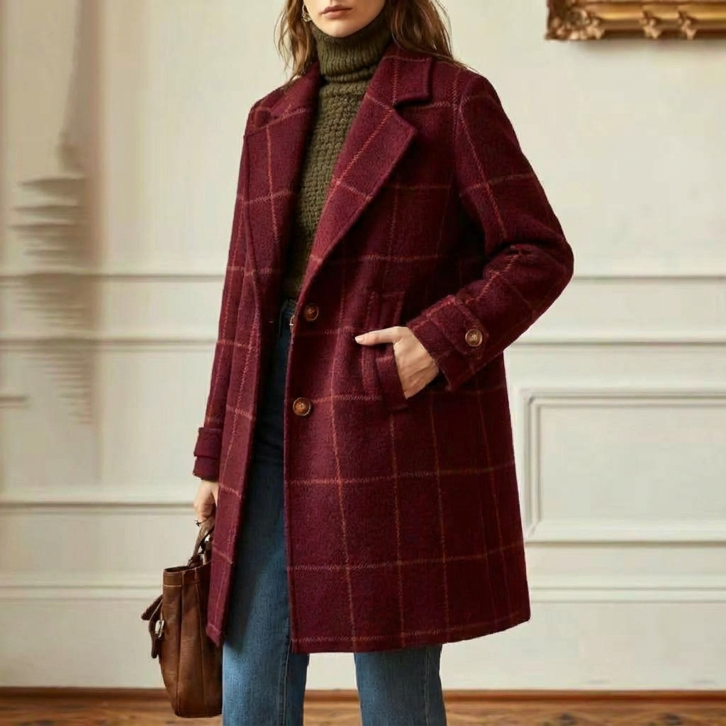 Manteau à Carreaux en Laine Mélangée