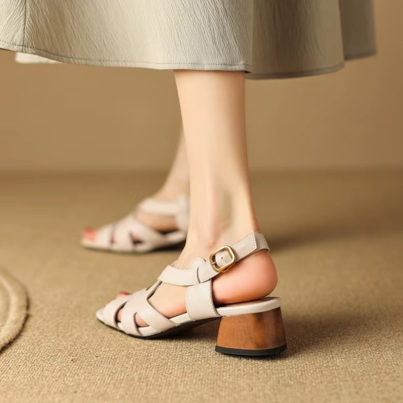 Sandale à Talon Rond en Cuir Véritable