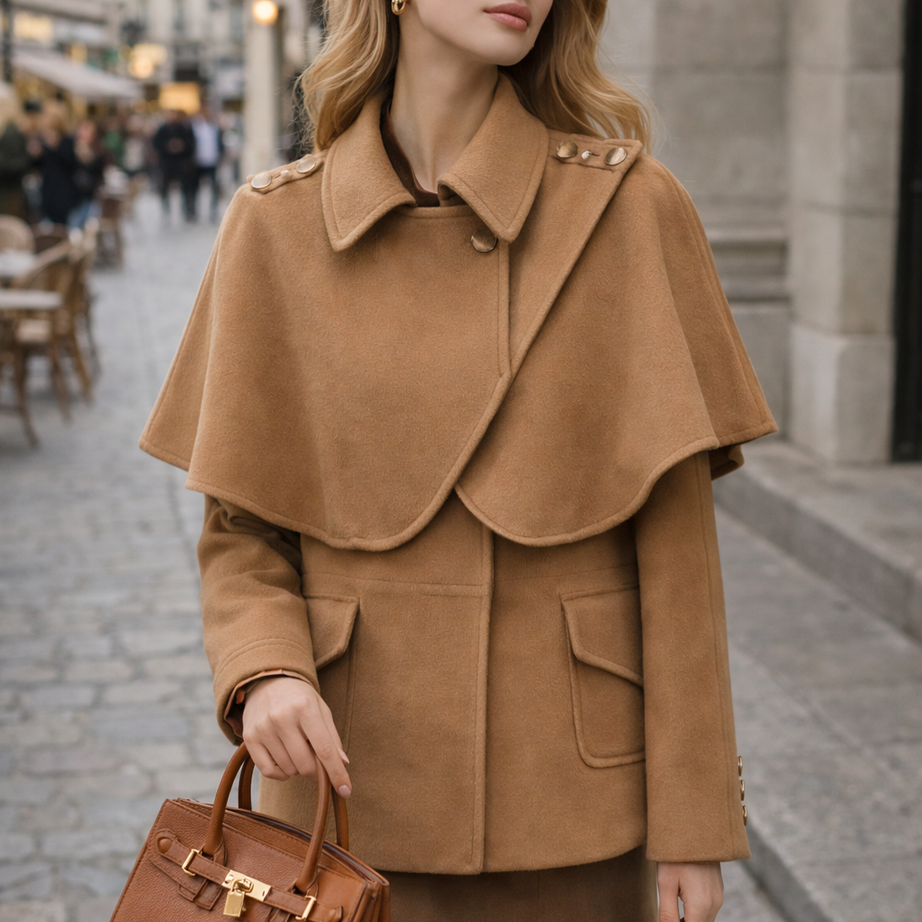Manteau femme avec cape et taille ajustée camel