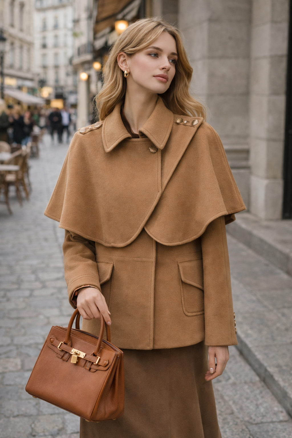 Manteau femme avec cape et taille ajustée camel