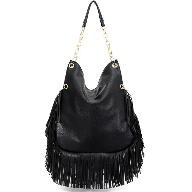 Sac à Main Besace Noir avec Frange et Motif Original