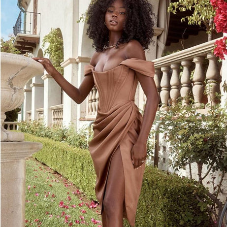 Sandrine - Robe de soirée midi moulante à bretelles