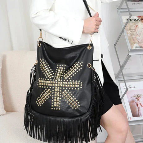 Sac à Main Besace Noir avec Frange et Motif Original