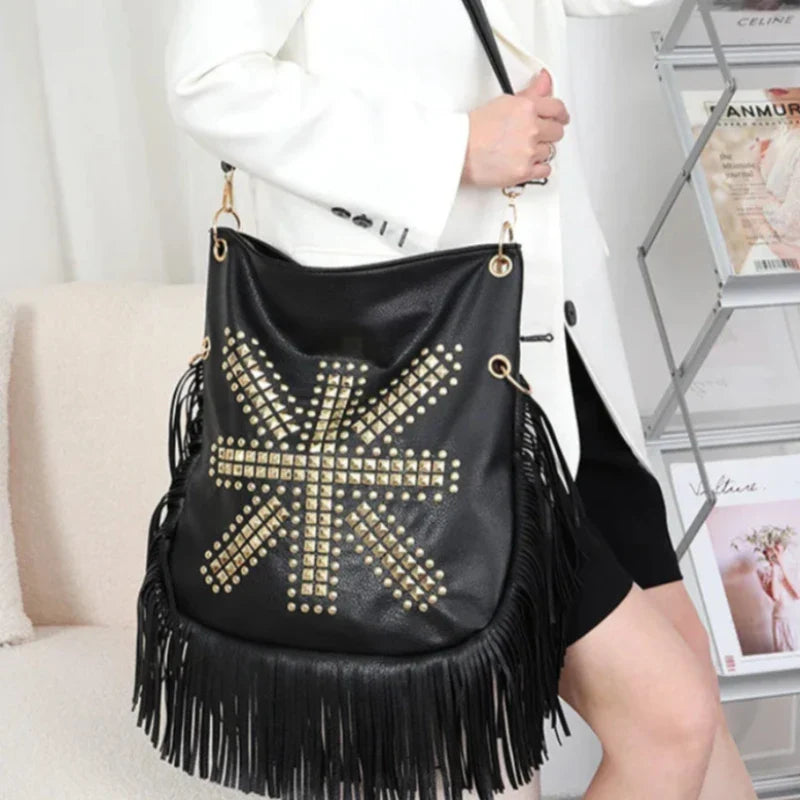 Sac à Main Besace Noir avec Frange et Motif Original