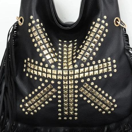 Sac à Main Besace Noir avec Frange et Motif Original