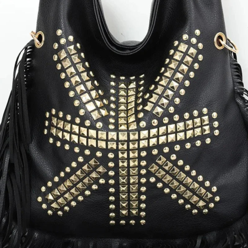 Sac à Main Besace Noir avec Frange et Motif Original