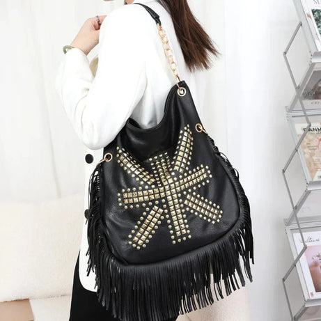 Sac à Main Besace Noir avec Frange et Motif Original
