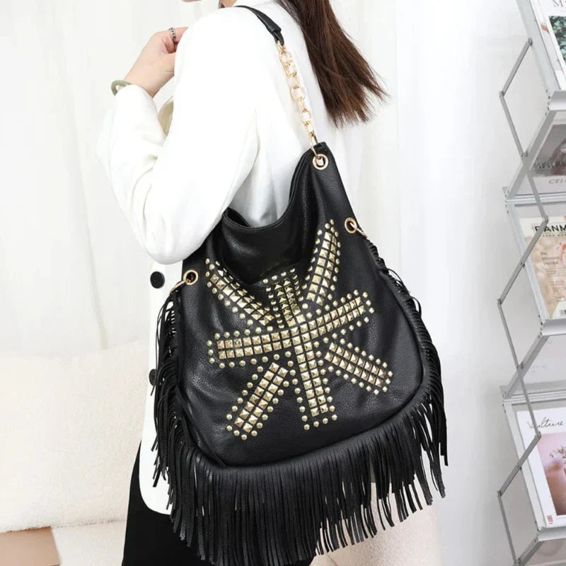 Sac à Main Besace Noir avec Frange et Motif Original