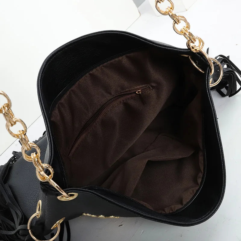Sac à Main Besace Noir avec Frange et Motif Original